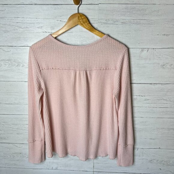 By Anthropologie Top Womens Size Small Pale Pink Waffle Knit Henley Thermal - Picture 11 of 16